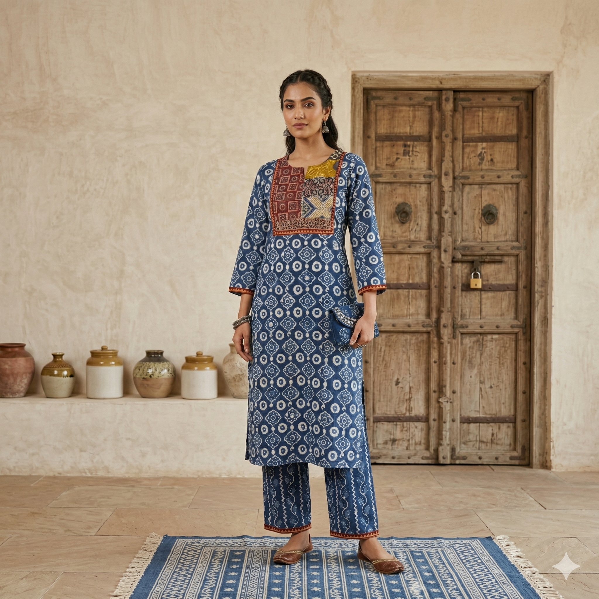 Heritage Print Blue Kurti Set